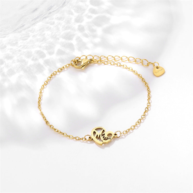 Wholesale Titanium Steel Heart Shaped Hollow MOM Stainless Steel Bracelet ACC-BT-MinM003