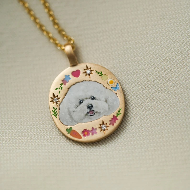 Wholesale CHand-Painted Copper Oval Tarot Card Necklace with Enamel Puppy Motif
