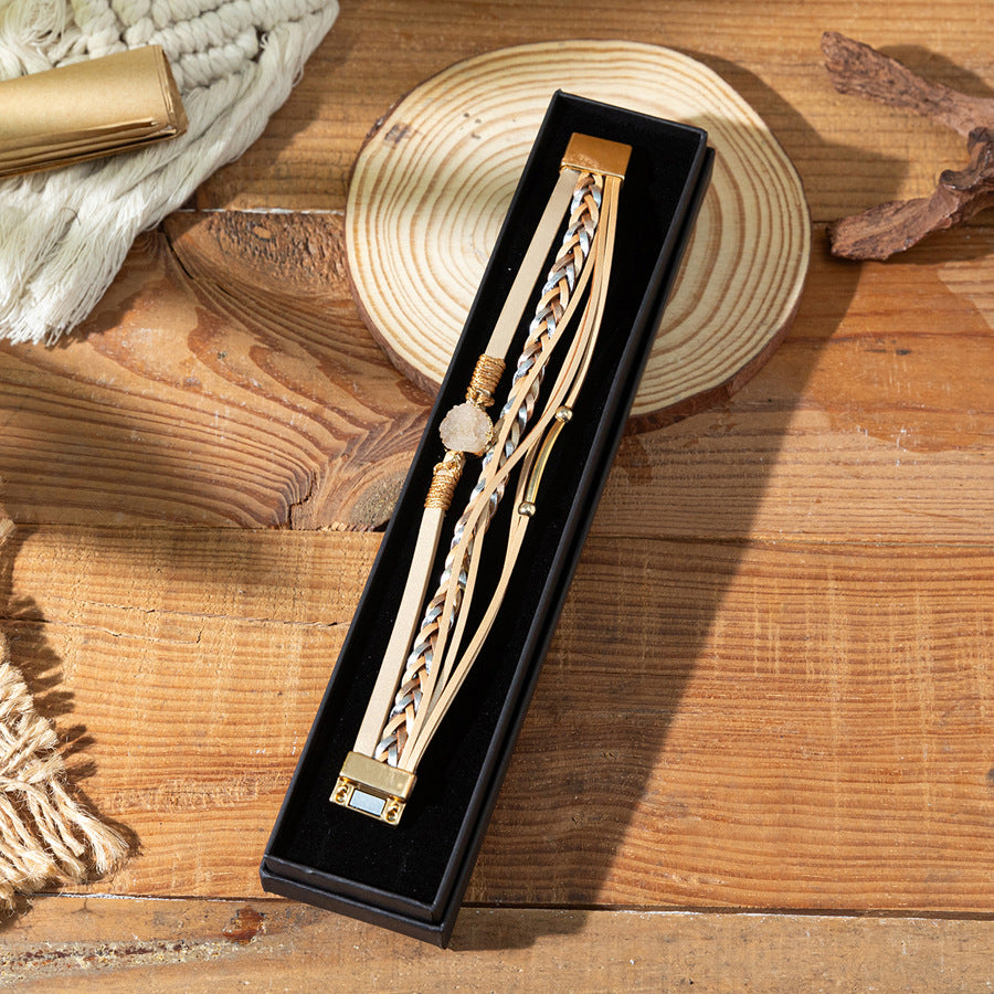 Wholesale stacked woven pu magnetic clasp winding diamond leather bracelet