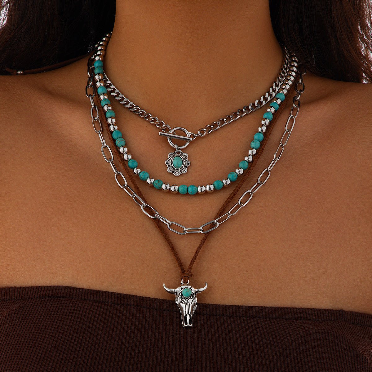 Wholesale Retro Bohemian Multi-Layer Necklace with Turquoise Color,  Iron Electroplating,  Fashion Accessory for Women