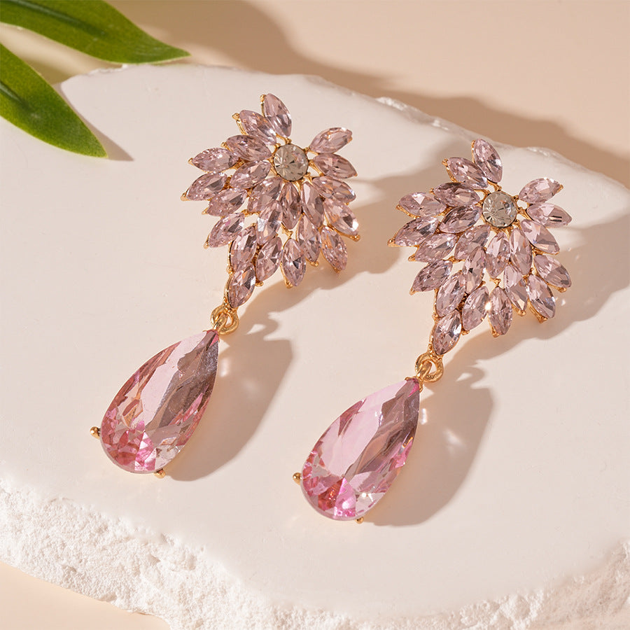 Wholesale Light Luxury Diamond Water Drop Flower Silver Pin Earrings