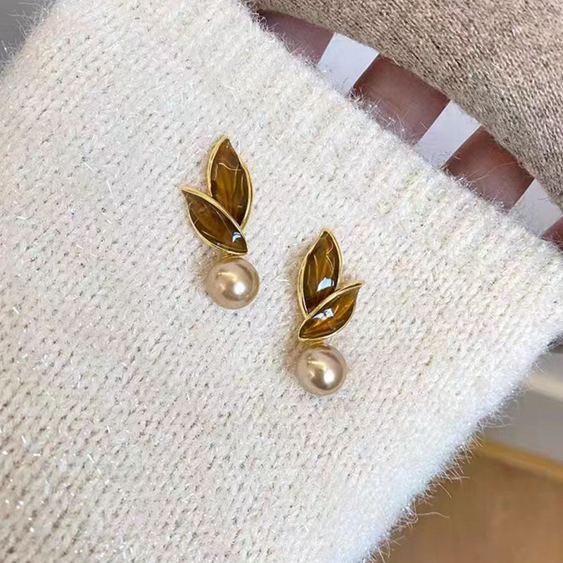 Wholesale  light luxury fashion earrings drop glaze leaf pearl earrings