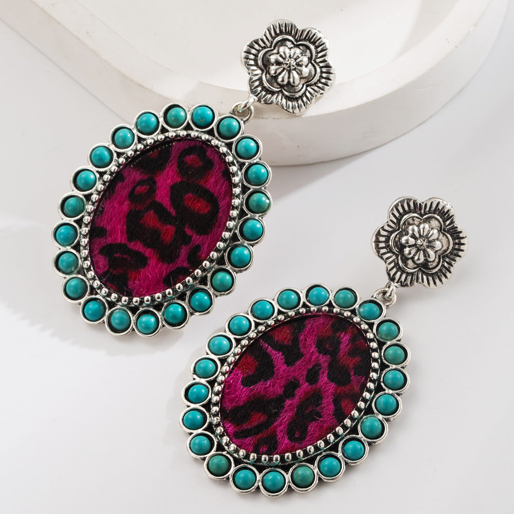 Wholesale Turquoise Leather Western Ethnic Earrings Vintage Court Style Boutique Resale