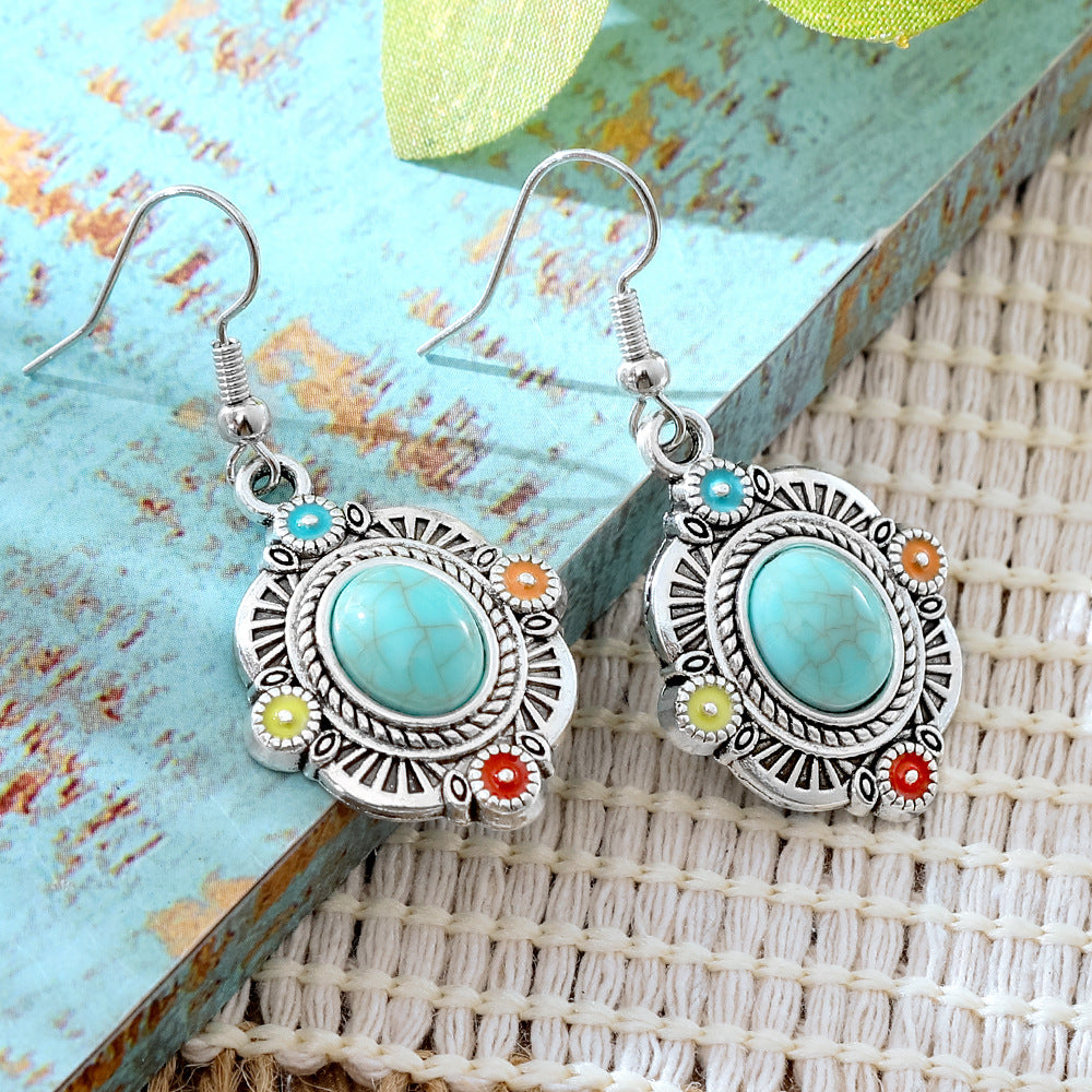 Wholesale Alloy Retro Ethnic Turquoise Bohemian Geometric Oil Drip Earrings Jewelry Accessory
