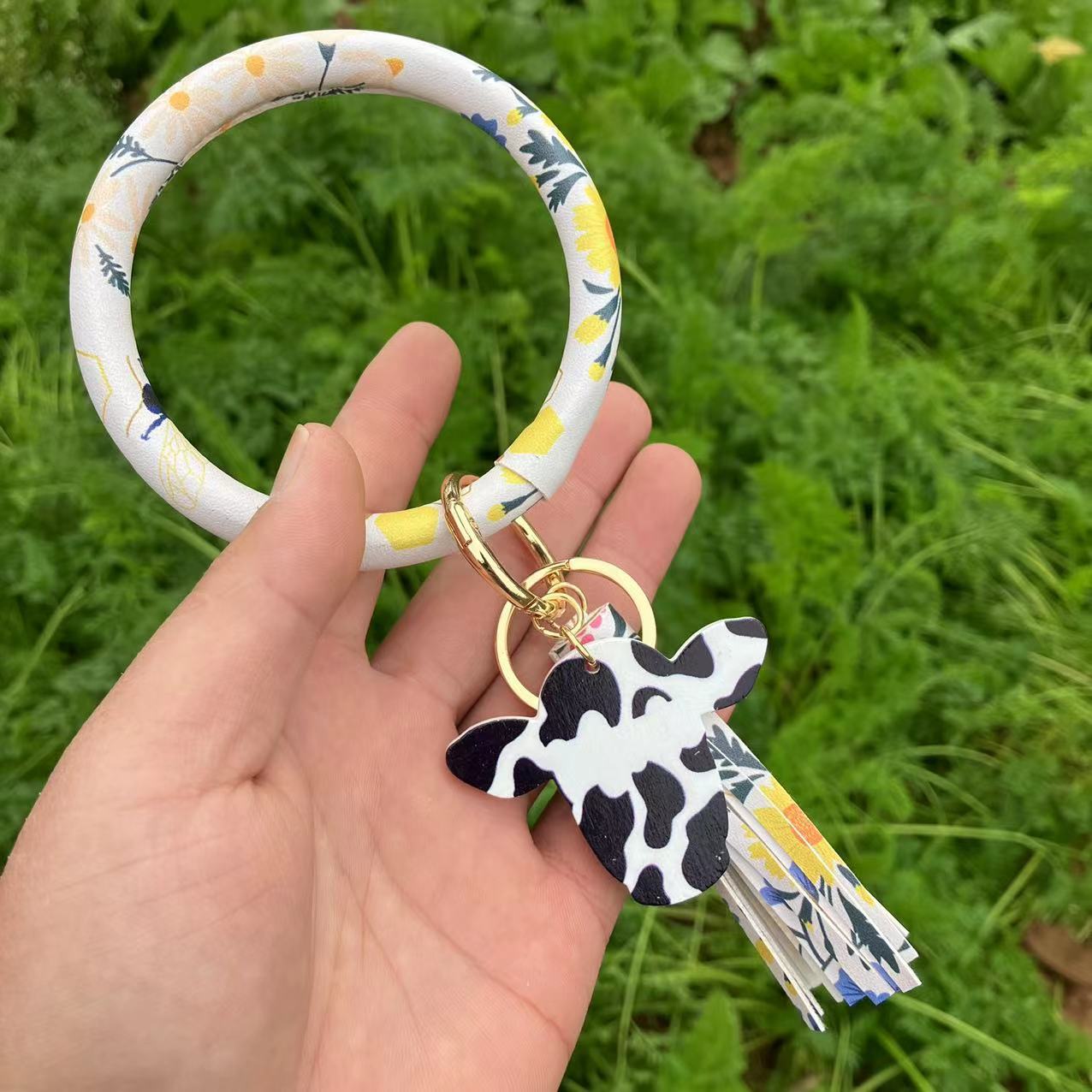 Wholesale Western Style Leopard Print Cow Print Cactus Leather Wristlet Keychain ACC-KC-QiuXue003