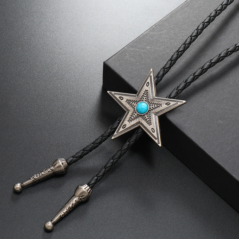 Wholesale 3PCS Alloy Retro Five-Pointed Star Turquoise Drawstring Sweater Chain
