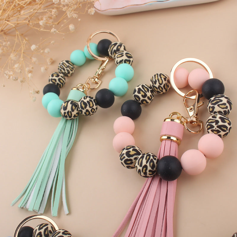 Wholesale  leopard silicone hand beaded bracelet handmade tassel bracelet keychain