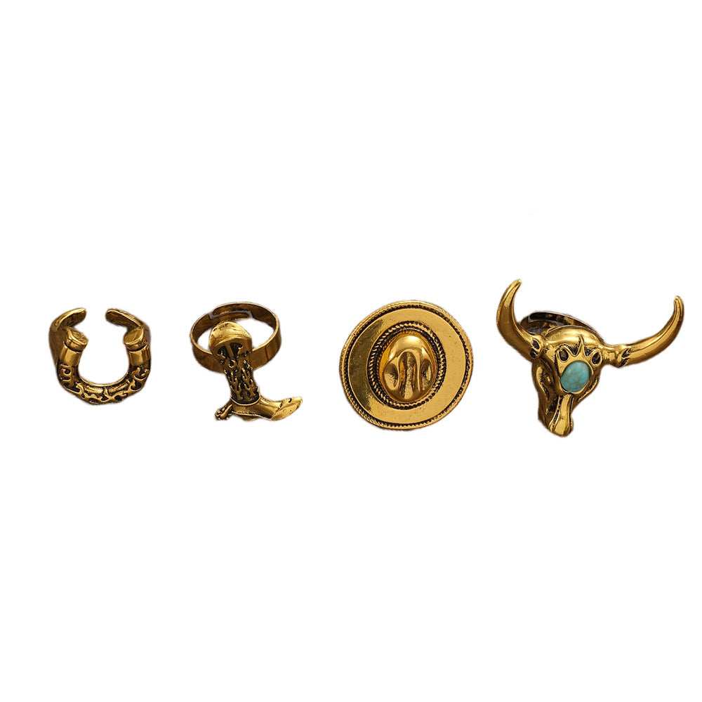 Wholesale Retro Western Cowboy Zinc Alloy 3 Piece Ring Set Antique Gold Boot Hat Bull Head Horseshoe Motif Punk Jewelry Accessory Gift