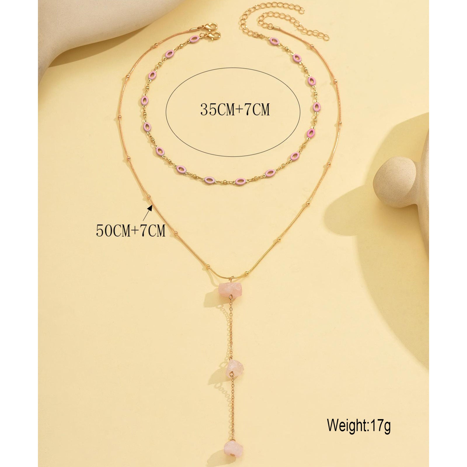 Wholesale light pink crushed stone pendant Y-shaped heart  necklace