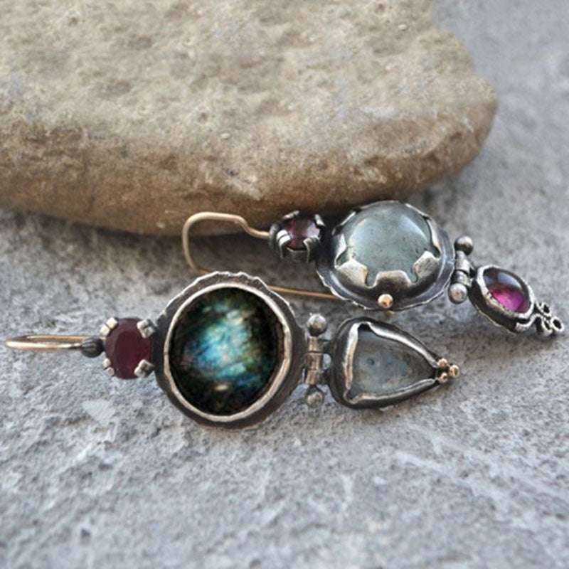 Wholesale Retro Asymmetrical Drop Earrings Alloy Multicolor Gemstone Jewelry Accessory For Party And Boutique Resale