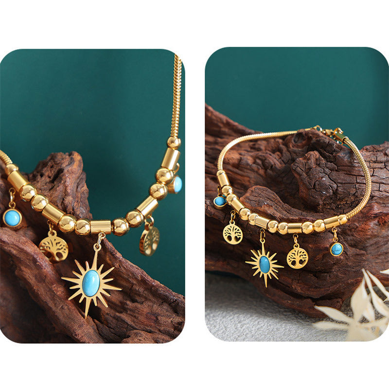 Wholesale Retro Sunflower Turquoise Pendant Necklace Chic Jewelry Accessory Gift Boutique
