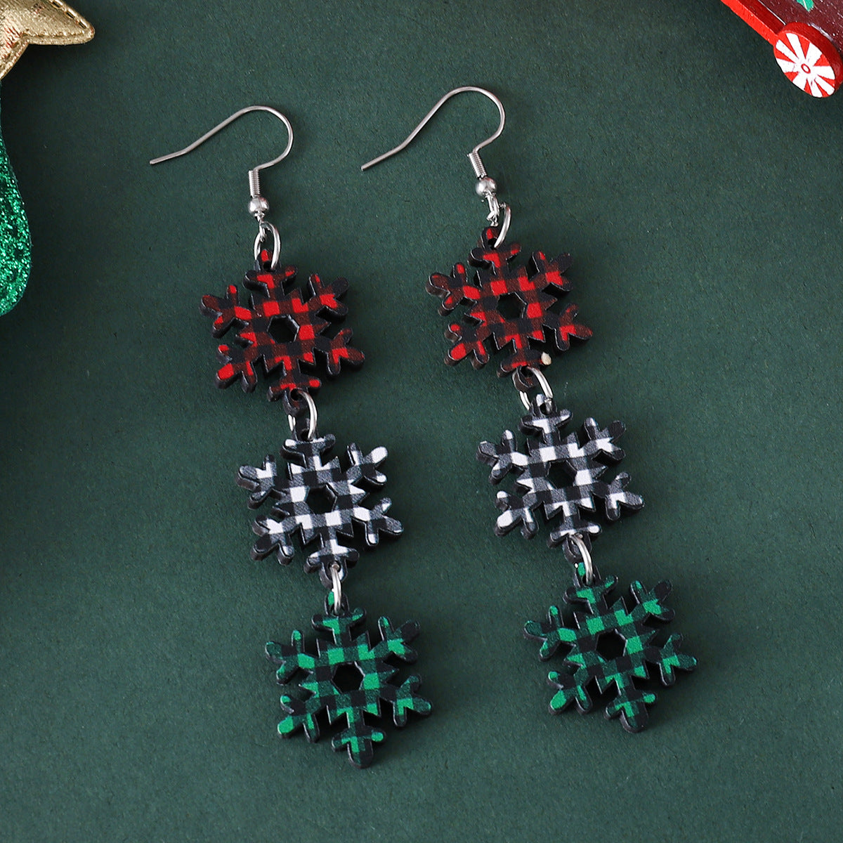 Wholesale Christmas Colorful Dog Paw Christmas Tree Plaid Snowflake Triple Wood Earrings ACC-ES-ChuLian062