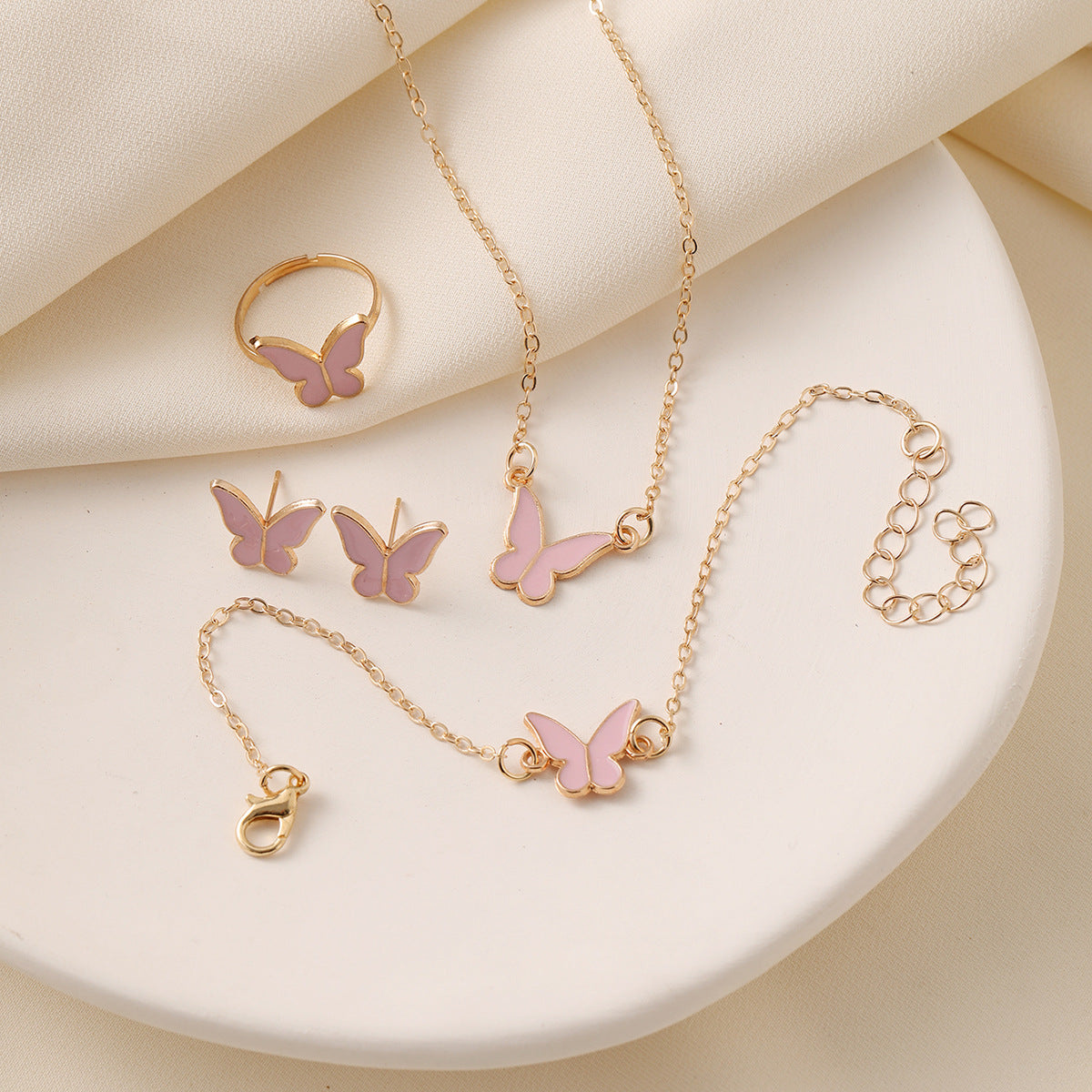 Wholesale Chic White Butterfly Jewelry Set Alloy Necklace Ring Earrings Everyday Wear Accessory For Women