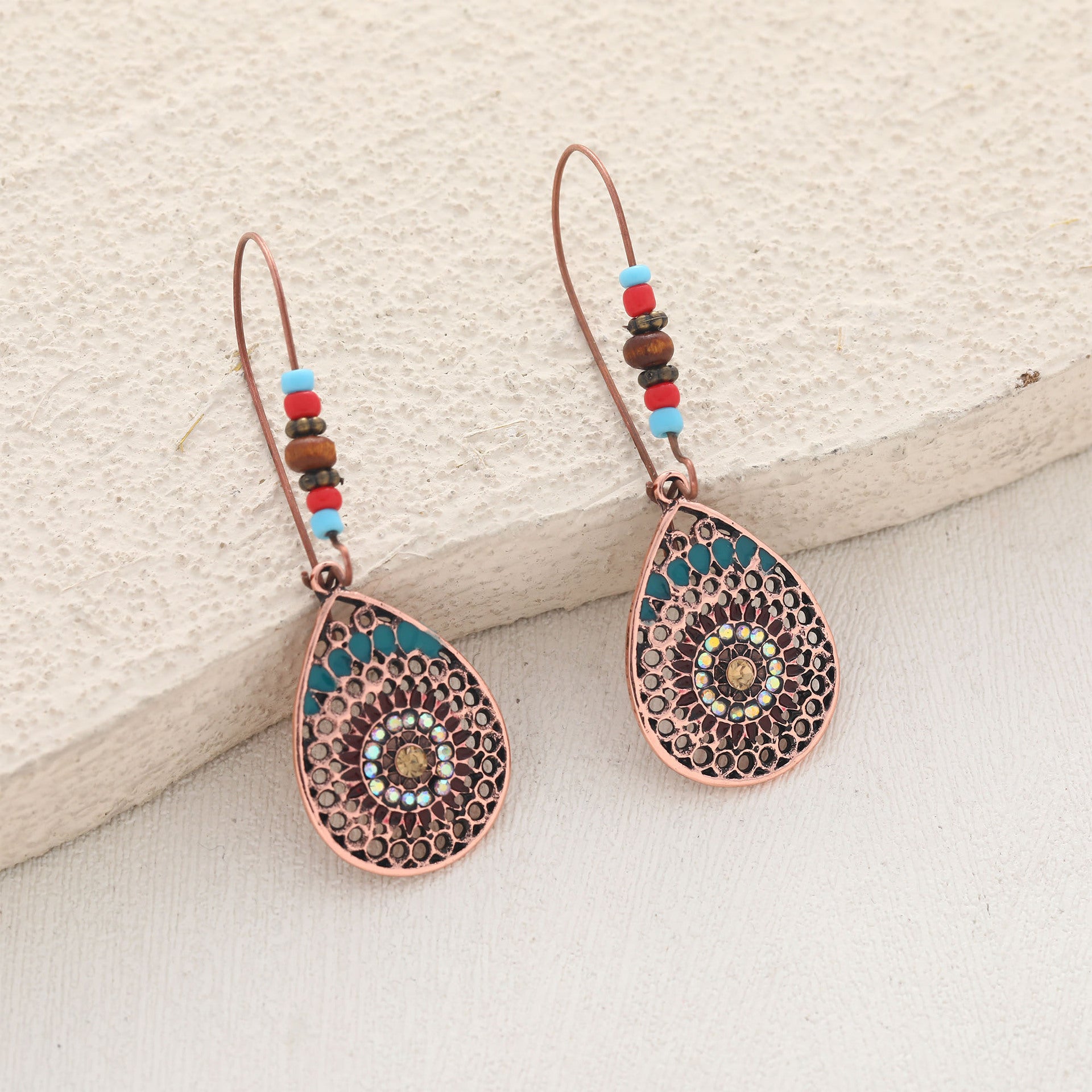 Wholesale national style earrings retro Bohemian style drill drop-shaped hollow earrings