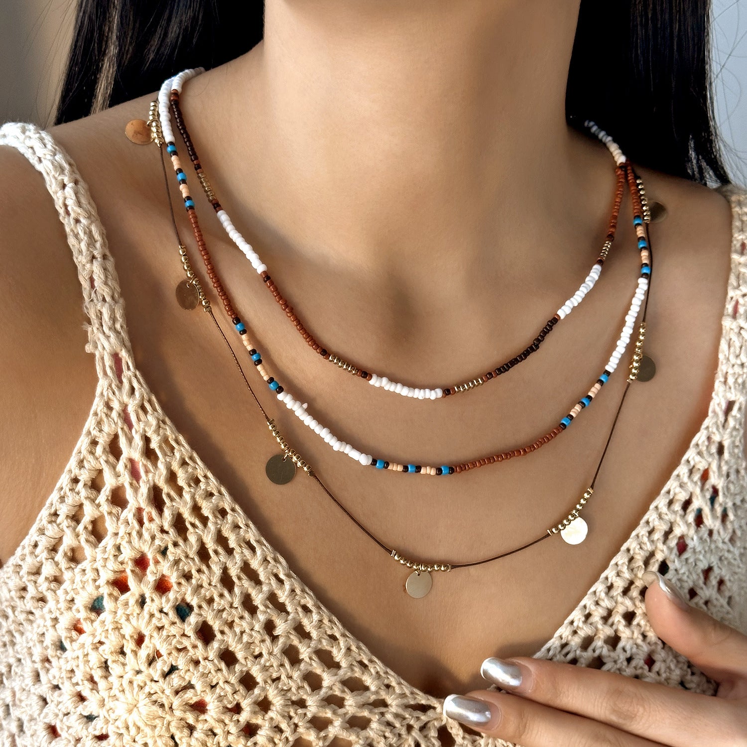 Wholesale beautiful 3-piece Bohemian style beaded necklace