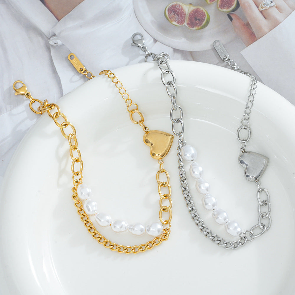 Wholesale Stylish Titanium Steel Pearl Heart Bracelet Electroplated Finish Boutique Resale Jewelry