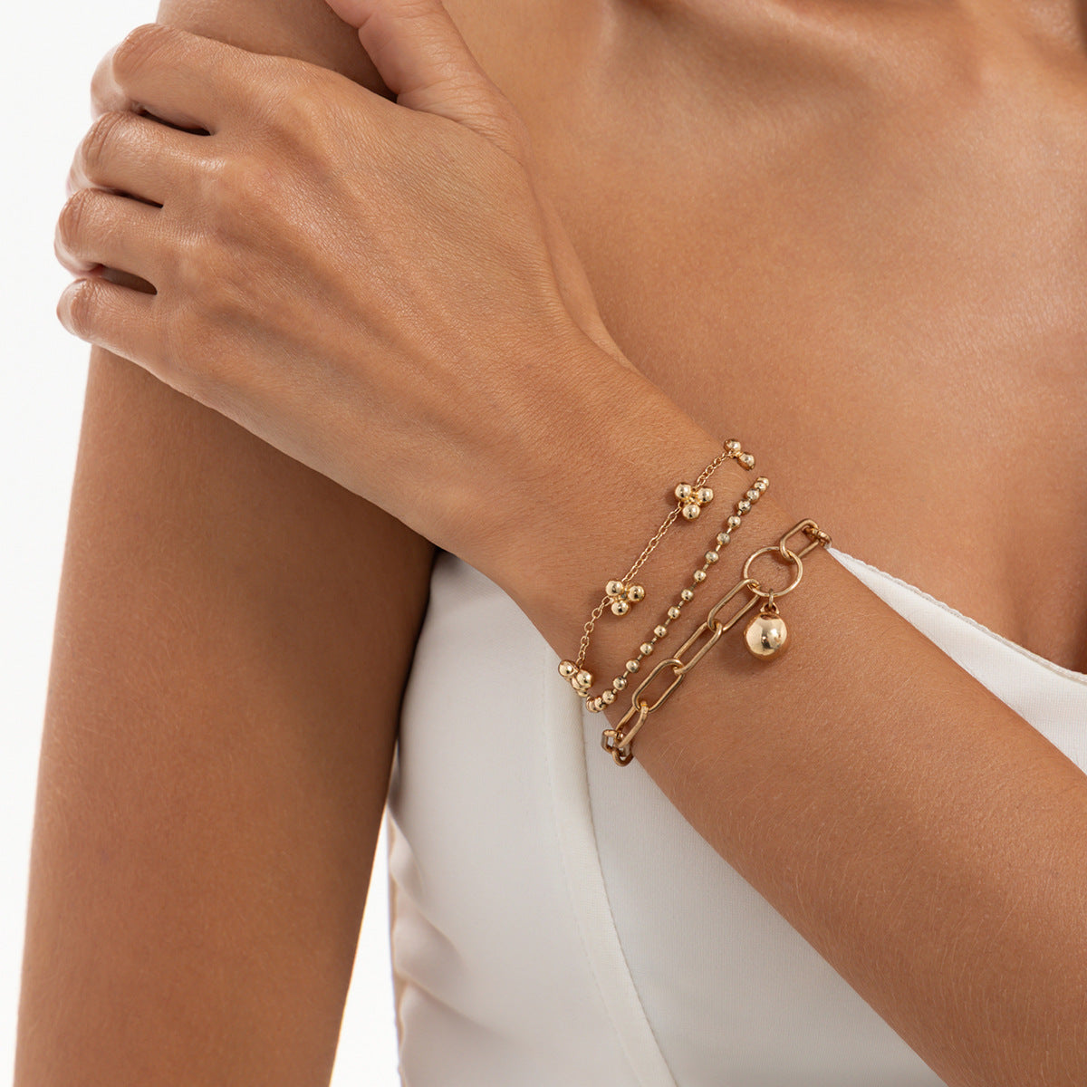 Wholesale Punk Hip Hop Geometric Bead Chain Bracelet Zinc Alloy Gold Tone Women S Everyday Fashion Jewelry Accessory