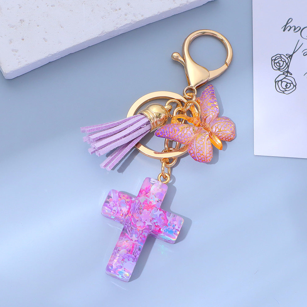 Wholesale Little Fresh Resin Butterfly Cross Keychain Tassel Bag Pendant Boutique Resale