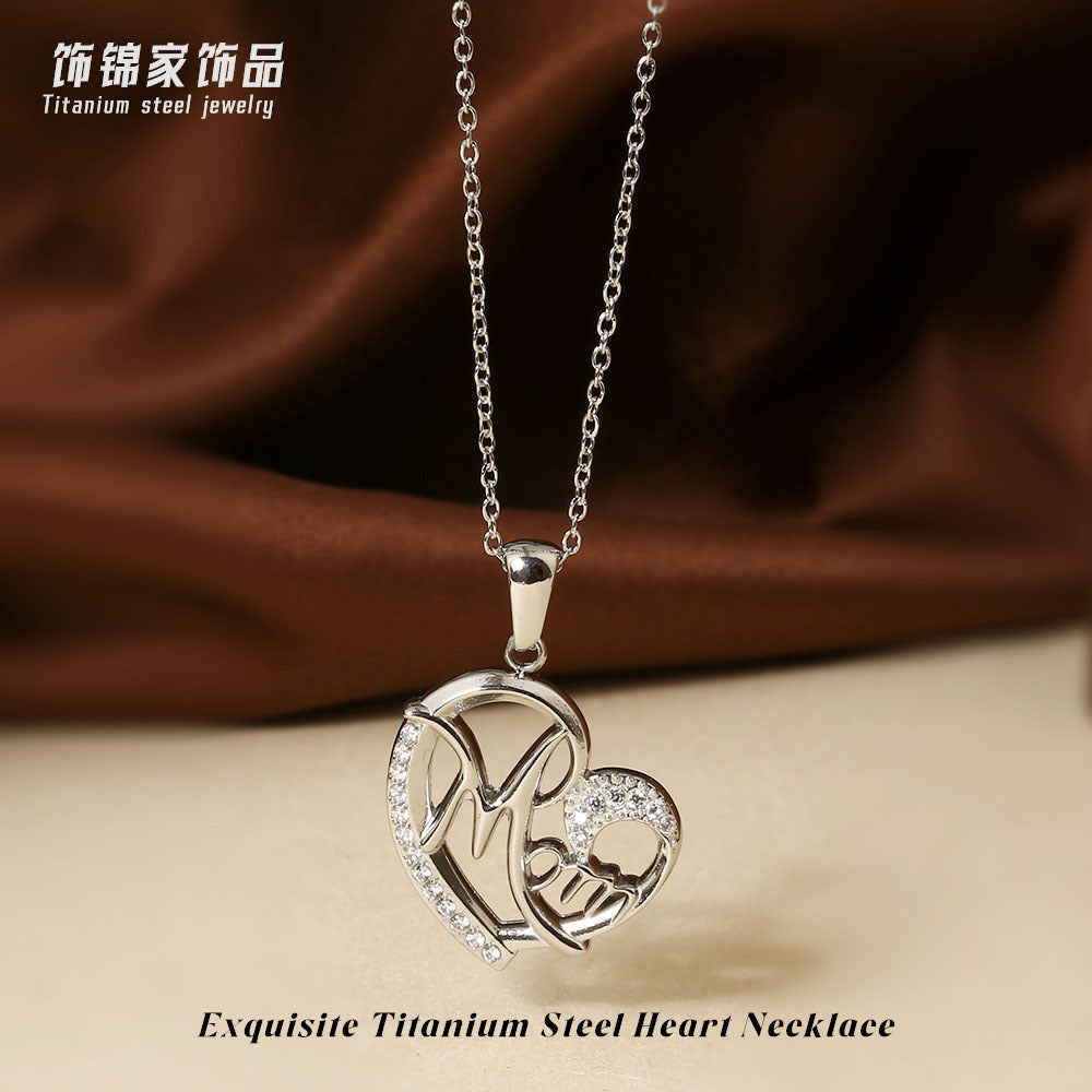 Wholesale Mother' s Day Titanium Steel Heart-Shaped Pendant Necklace with Zircon Inlay