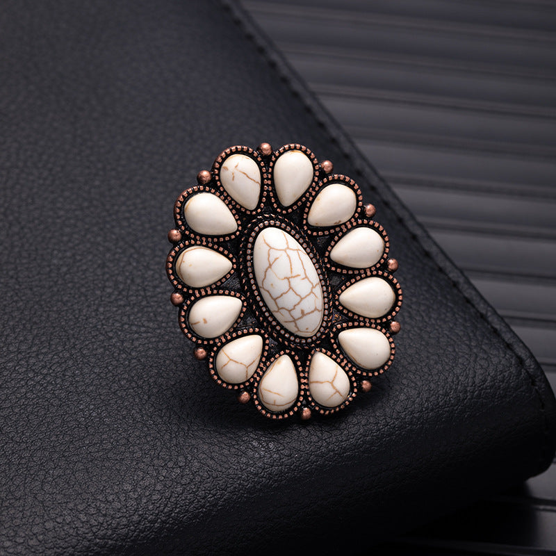 Wholesale Retro Bohemian Silver Flower Imitation Turquoise Ring - Fashion Accessory for Boutique Resale