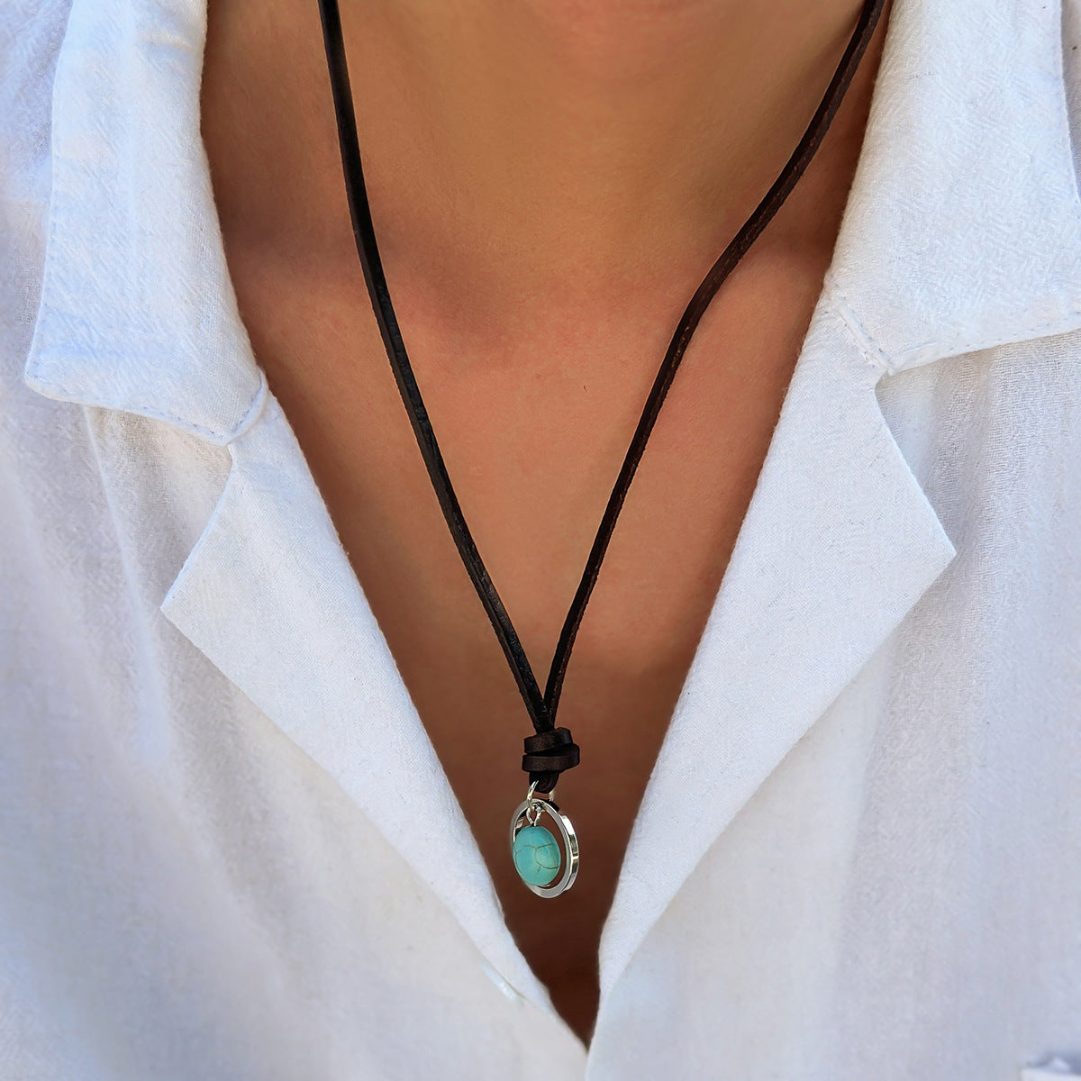 Wholesale Vintage Leather Men's Collarbone Chain Ring Turquoise Necklace ACC-NE-Puxin010