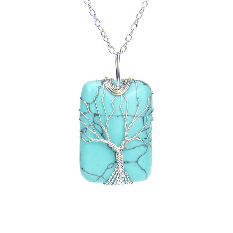 Wholesale Handmade Wire Wrapped Rectangular Tree Of Life Pendant Necklace Natural White Crystal Agate Jewelry Accessory For Resale
