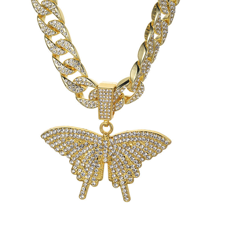 Wholesale Diamond Finish Alloy Butterfly Cuban Necklace - Fashion Jewelry Accessory,  Gift or Resale Boutique