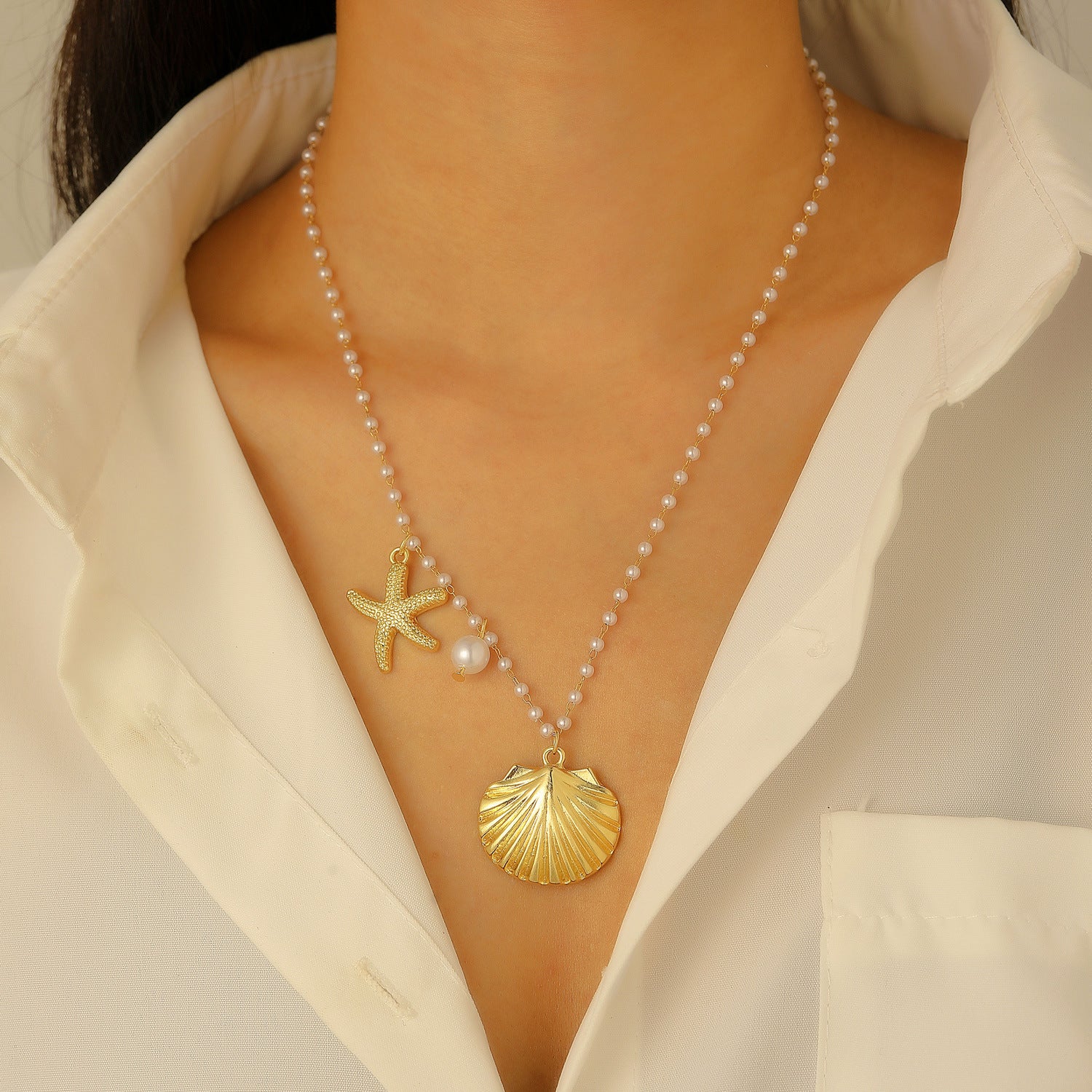 Wholesale Bohemian Summer Beach Shell Necklace And Bracelet Set Faux Pearl Starfish Conch Women S Fashion Jewelry Accessory