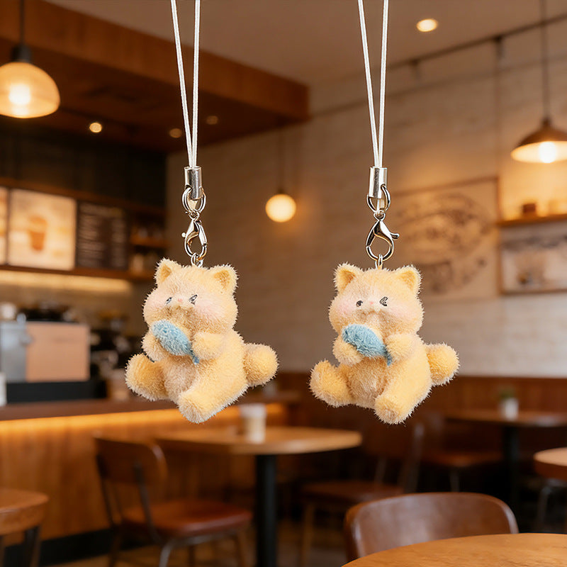 Wholesale Keychain 3D Flocked Chubby Orange Cat Eating Fish Phone Charm DIY Cute Pendant