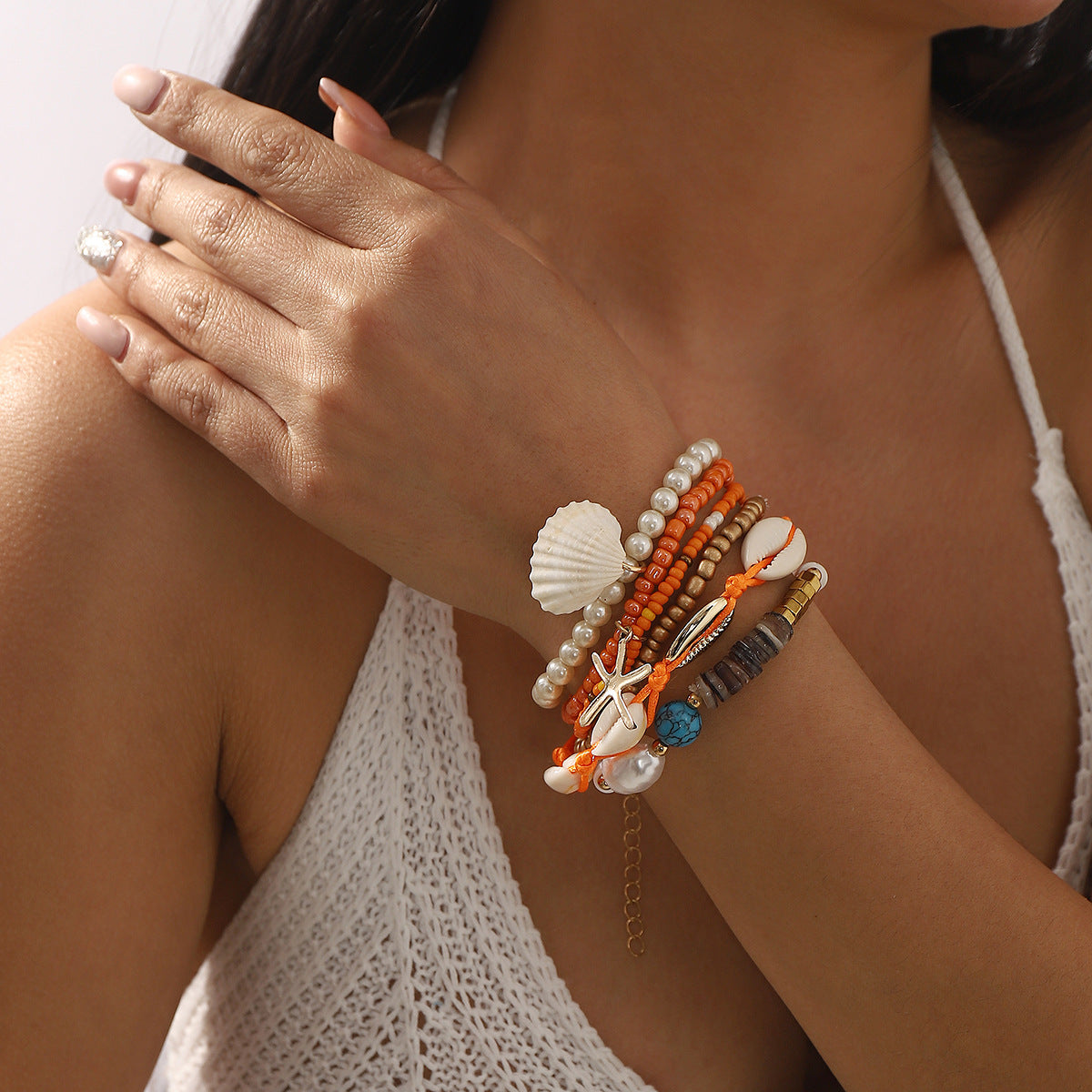 Wholesale Bohemian Ocean Style Shell Starfish Pendant Pearl Rice Beads Handmade Beaded Bracelet suit