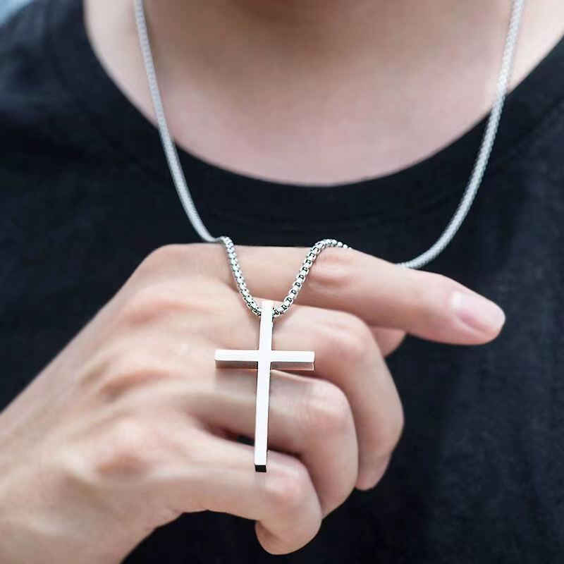 Wholesale Hip Hop Style Titanium Steel Cross Pendant Necklace For Men Smooth Finish Long Chain Sweater Jewelry Accessory