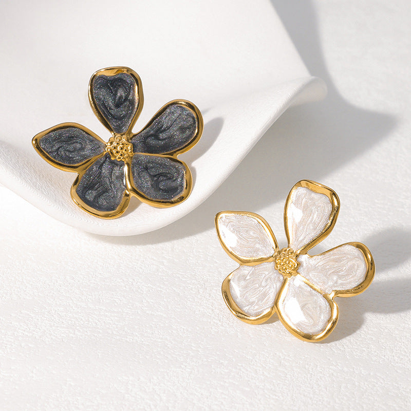 Wholesale Retro French Style Enamel Flower Stainless Steel Open Ring For Women Fashion Jewelry Accessory Everyday Wear Gift