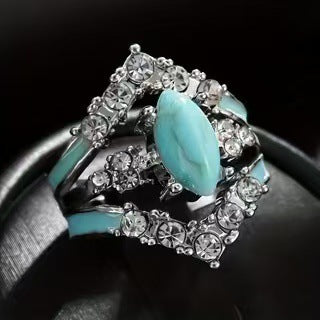 Wholesale Chic Retro 3-Piece Ring Set - Silver Tone Zinc Alloy with Rhinestone and Turquoise Accents,  Fashion Jewelry Accessory for Women