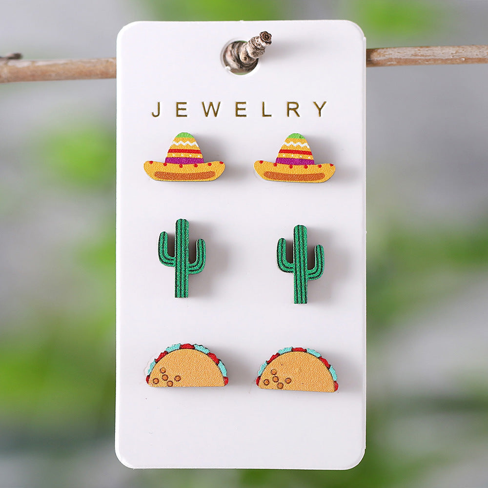 Wholesale Colorful Straw Hat Cactus Wooden Earring Set