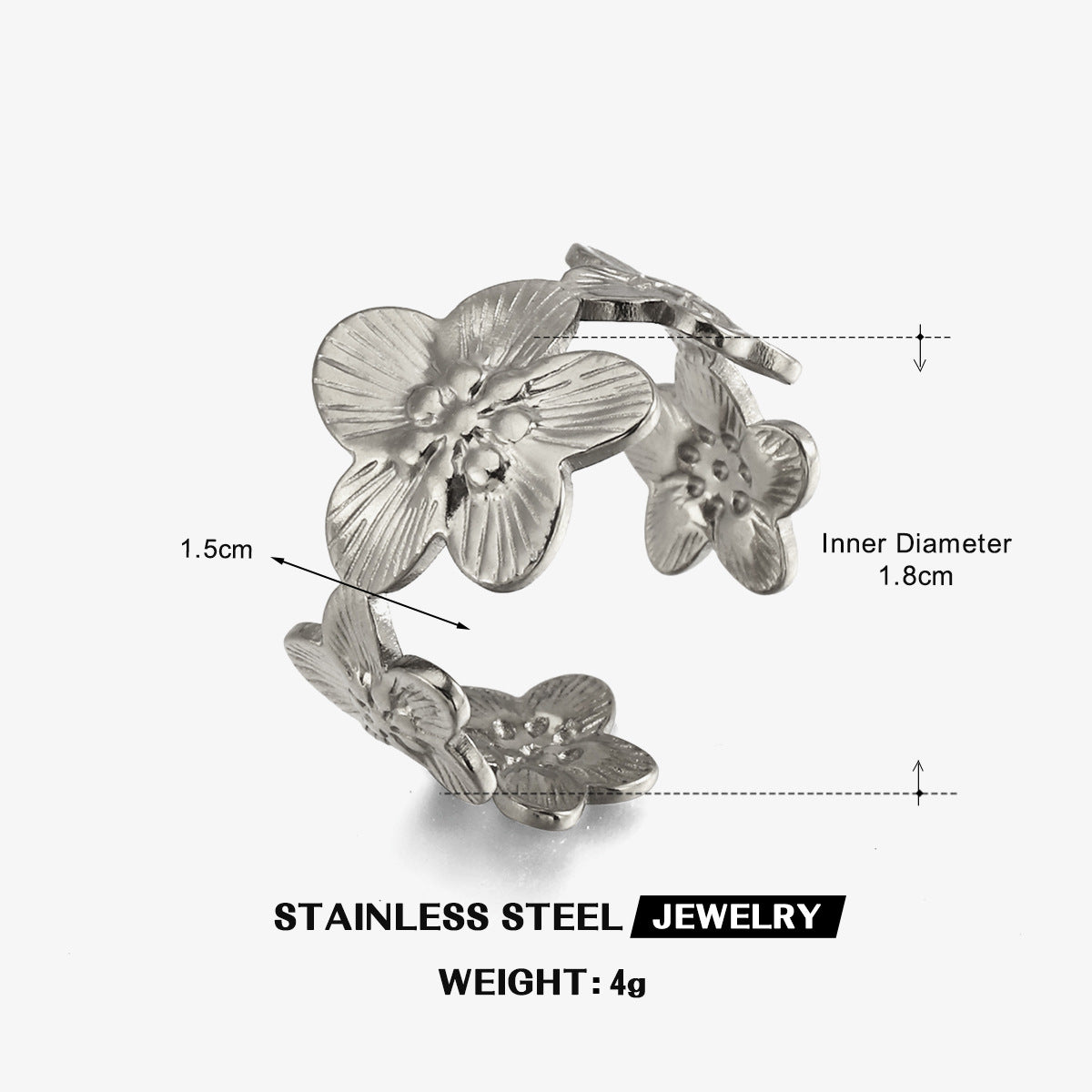 Wholesale Stainless Steel Floral Open Ring - Trendy European Style Jewelry for Women,  Everyday Gift or Boutique Resale ACCVIP