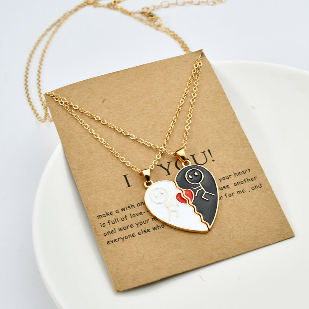Wholesale Valentine's Day heart-shaped water drop oil pendant couple stitching love necklace