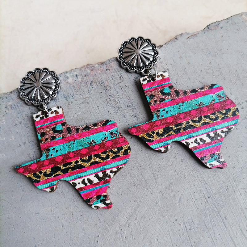 Wholesale 2 pairs/pack American Texas Western Style Aztec Colorful Leopard Print Pumpkin Flower Wooden Alloy Earrings