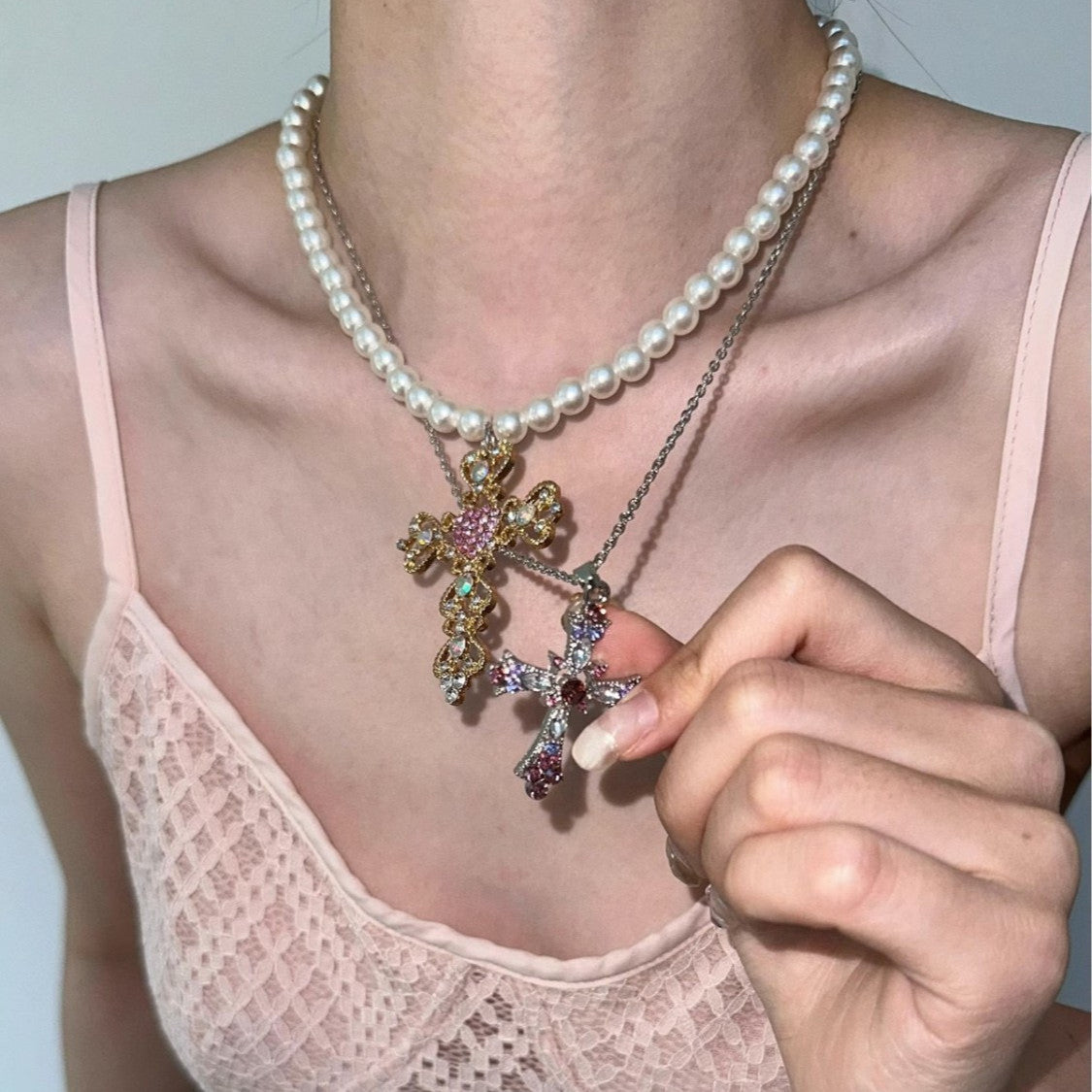 Wholesale  Cross Necklace  Colorful Diamonds and Pearls Necklaces