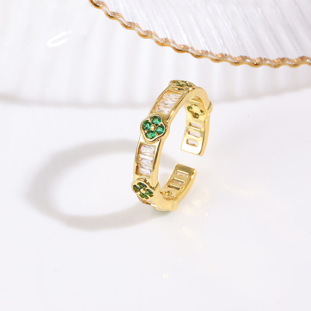 Wholesale Colorful zirconium four-leaf clover flower petal ring