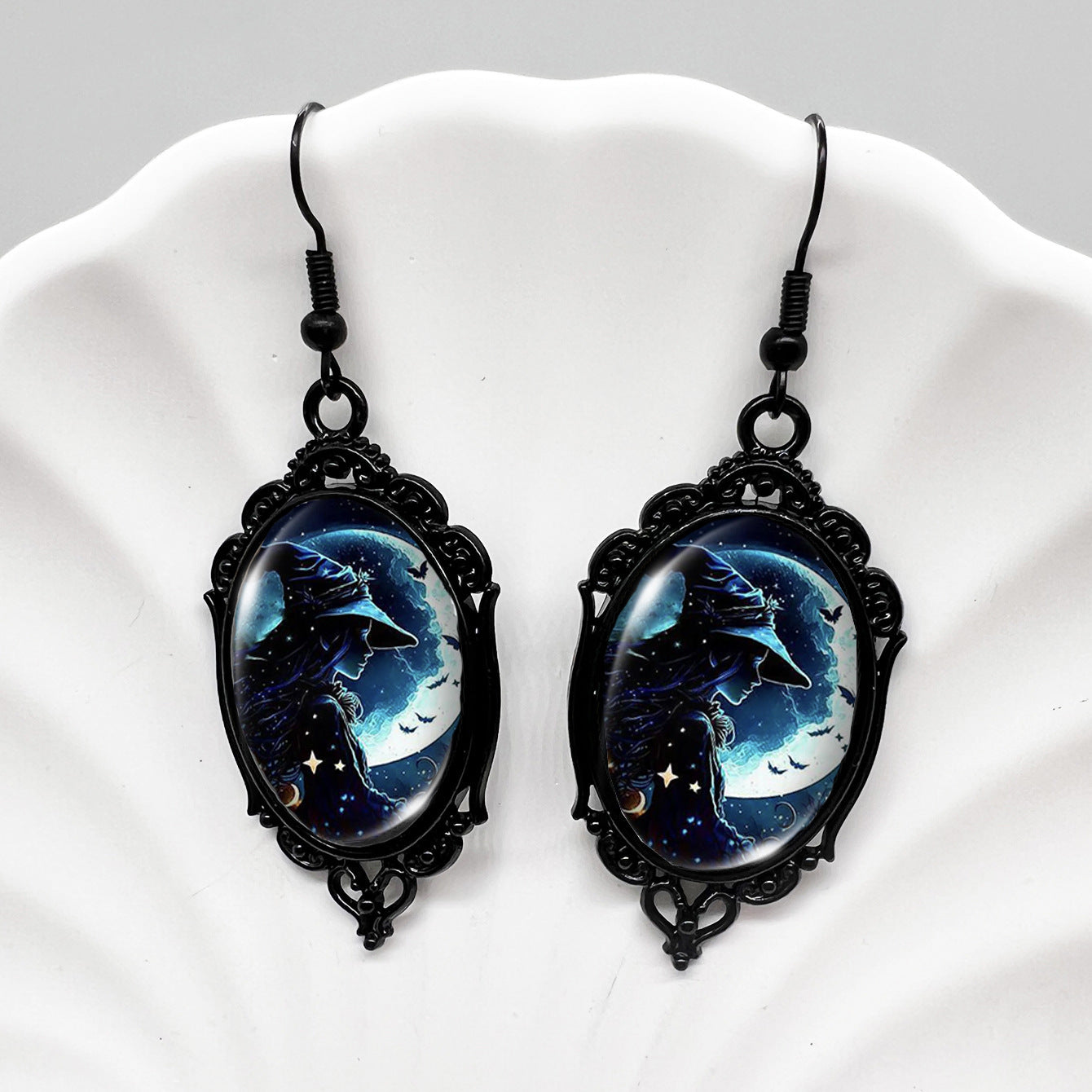 Wholesale Black Crow Skull Oval Lace Earrings