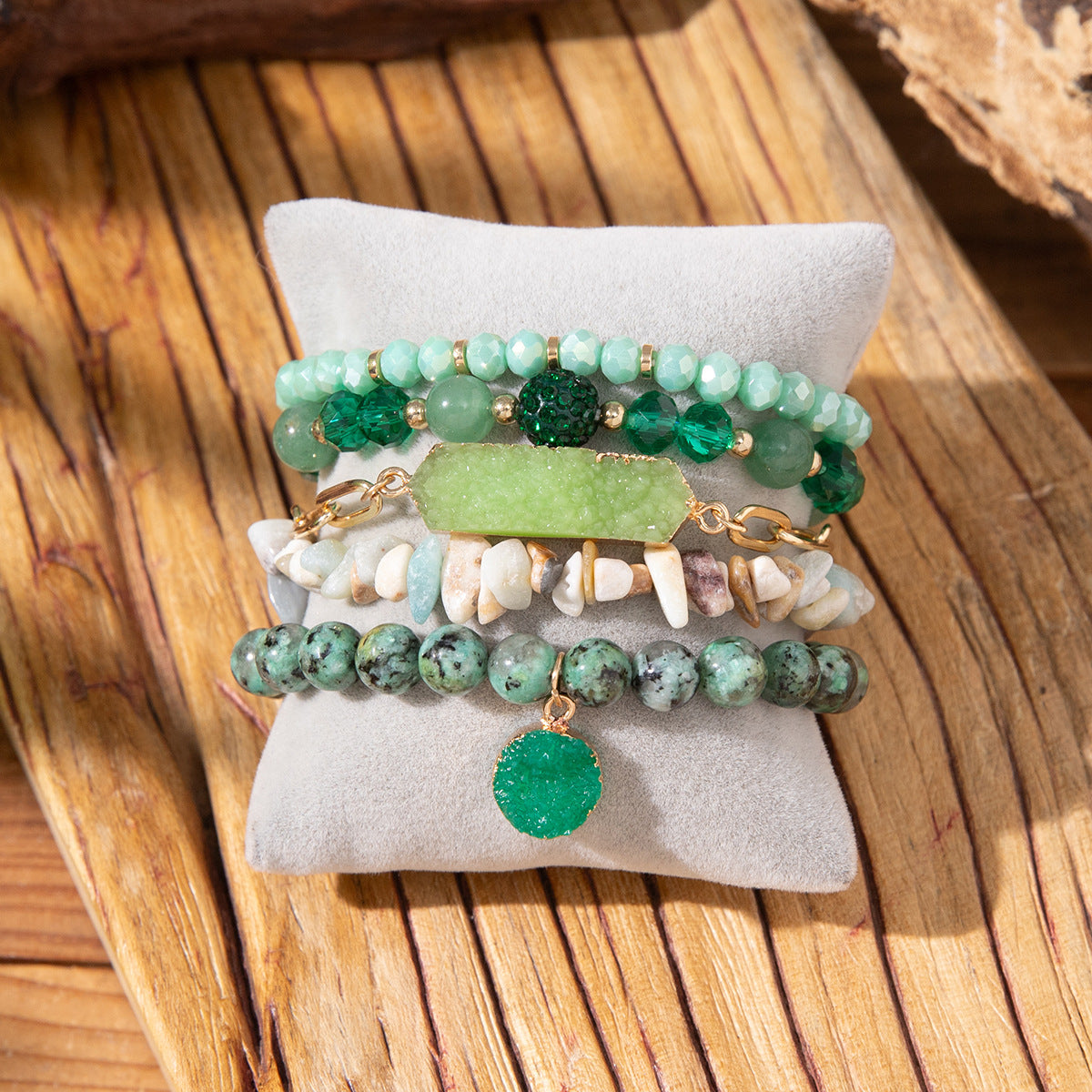 Wholesale 5pcs/set Crushed Rose Quartz Bohemian Beaded Bracelet Set