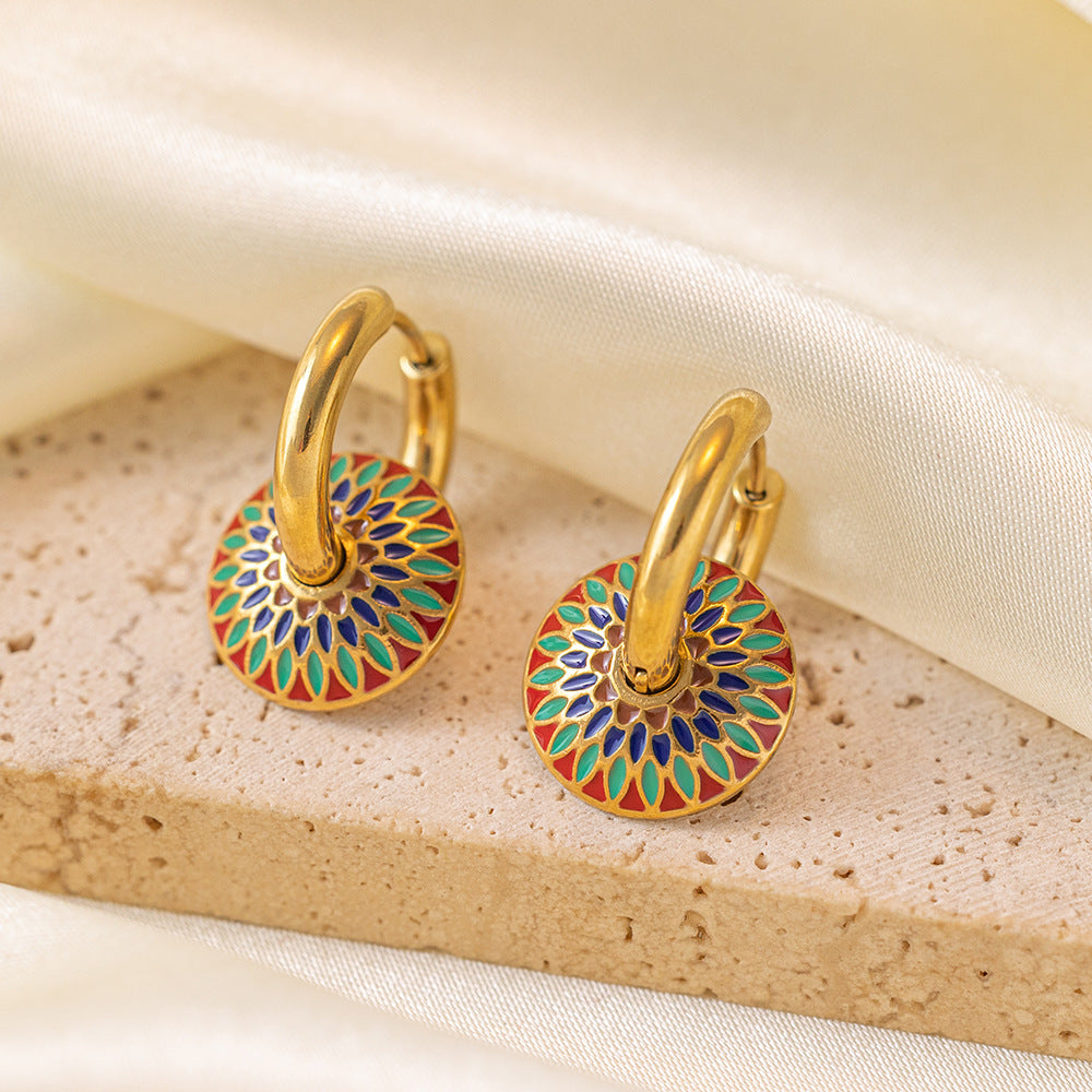 Wholesale Retro Light Luxury Necklaces Drip Glaze Daisy Titanium Steel Necklace Earrings Set ACC-NE-Tais009