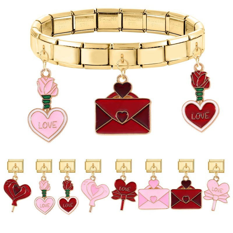 Wholesale Italian Charm Bracelet 9mm DIY Splicing Gold Heart Envelope Series Stainless Steel Composable Bracelet
