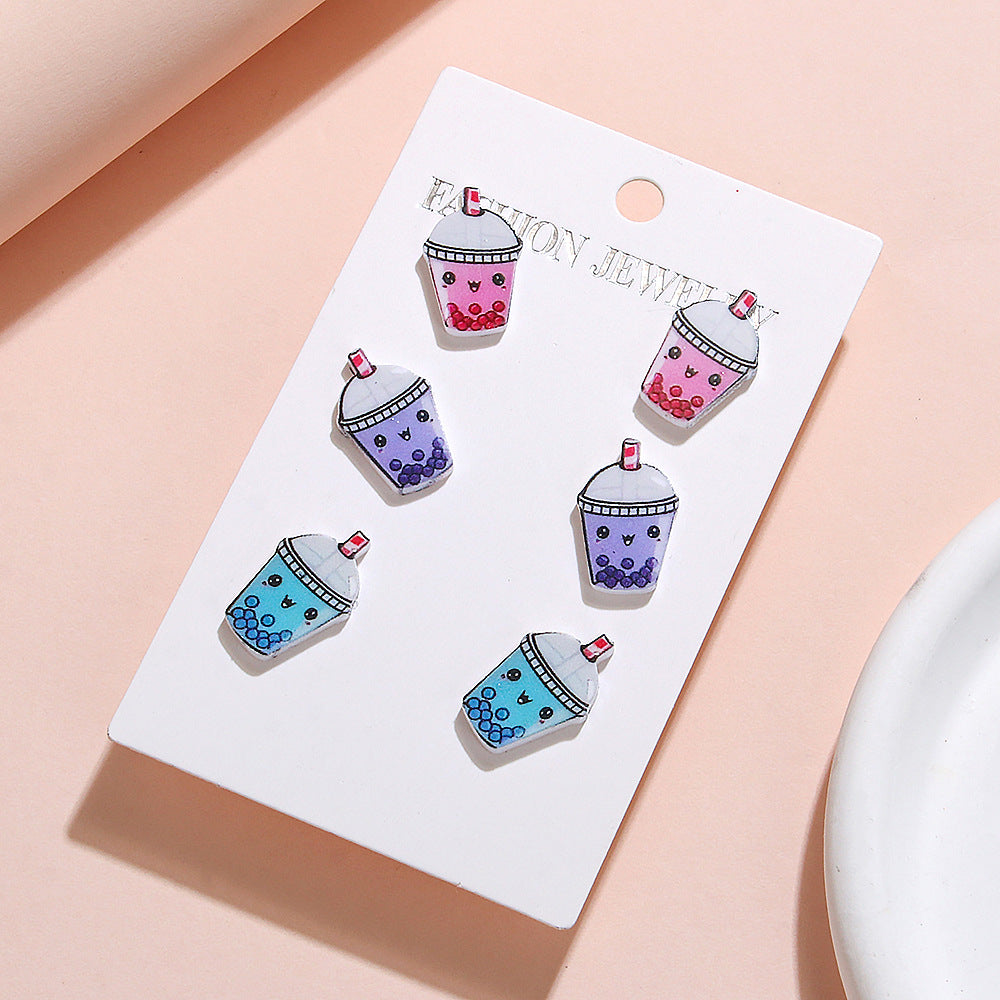 Wholesale  Acrylic Cartoon Pearl Milk Tea Drink Cup Three-Piece Set Earrings