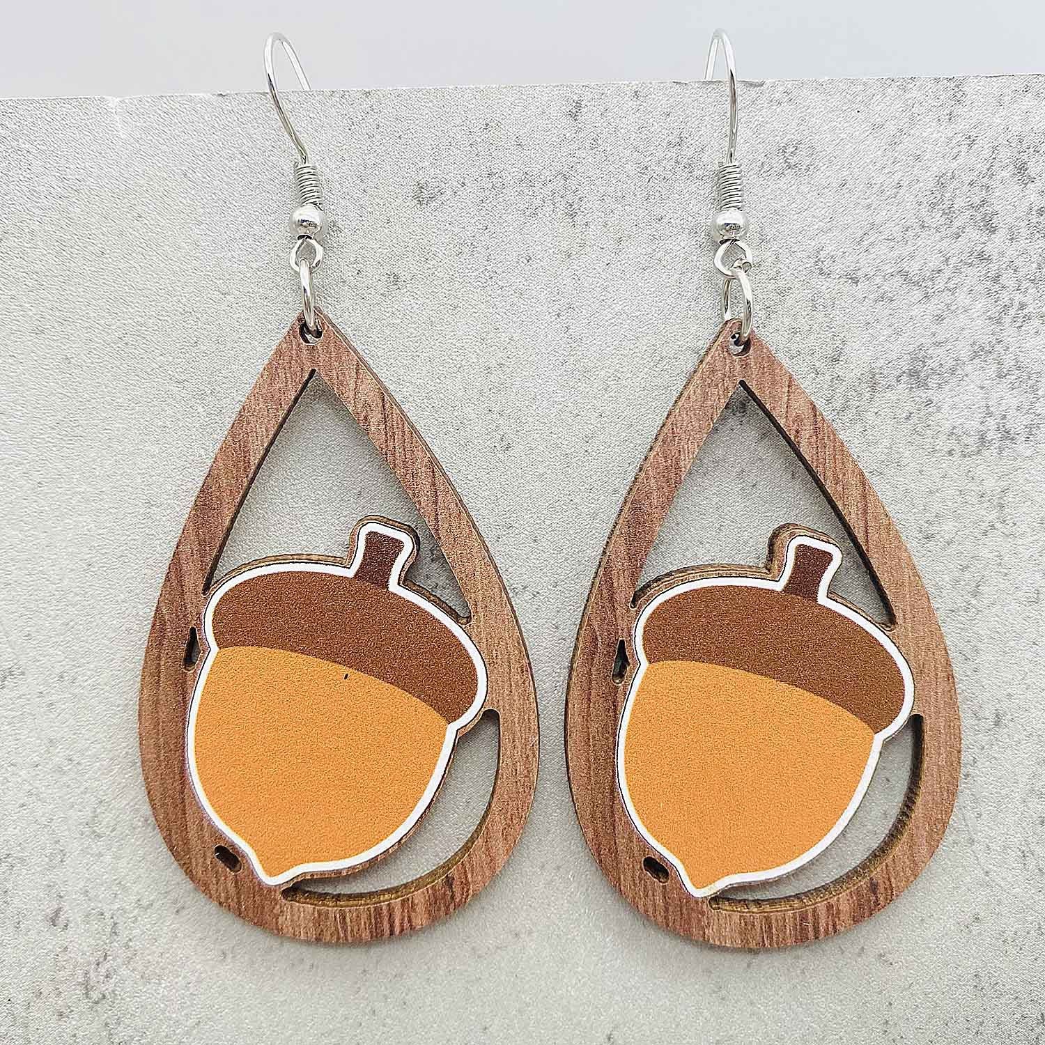 Wholesale  Thanksgiving Wooden Earrings Pumpkin Turkey Maple Leaf Print Drop Earrings