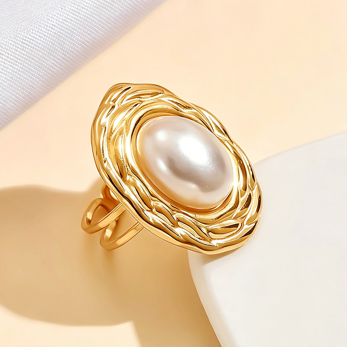 Wholesale Vintage Irregular Geometric Pearl Ring Stainless Steel 18K Gold Plated Women S Fashion Jewelry Accessory