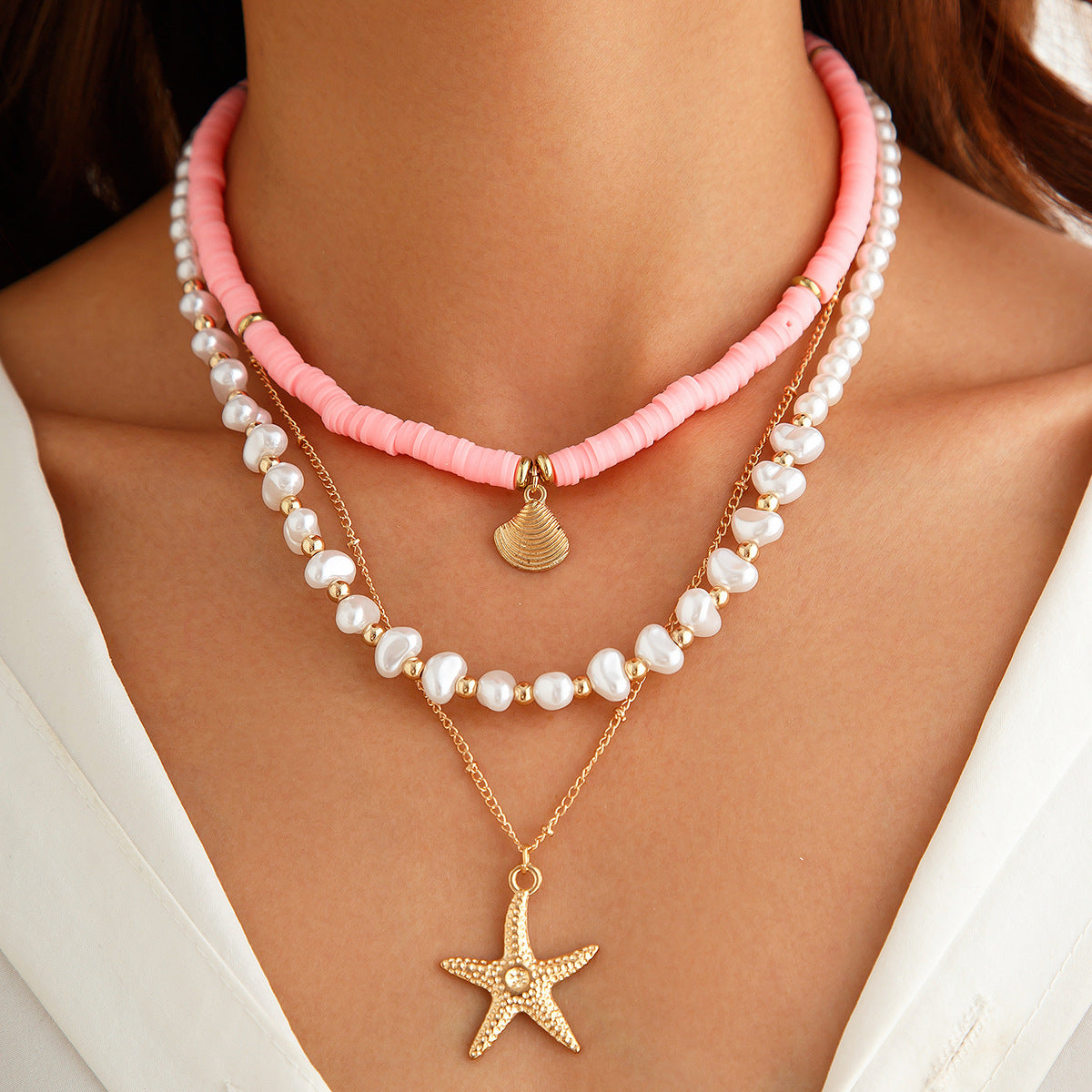 Wholesale  Beach Soft Pottery Pearl Stacked Stone Necklace