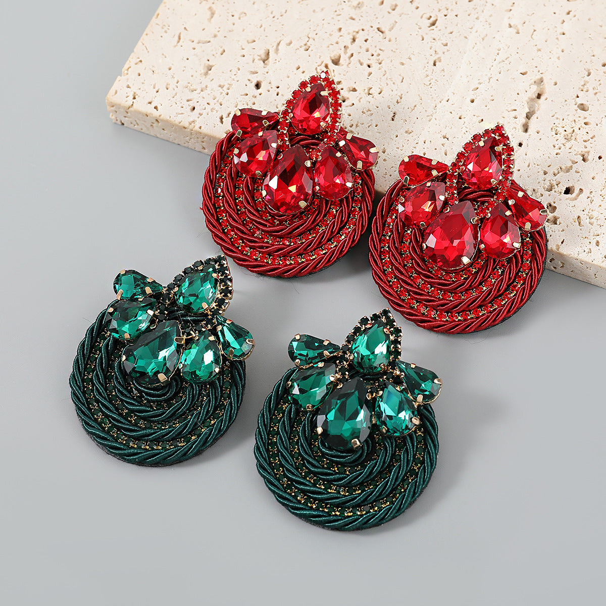 Wholesale  Exaggerated Alloy Diamond-encrusted Drop-shaped Glass Diamond Polyester Earrings