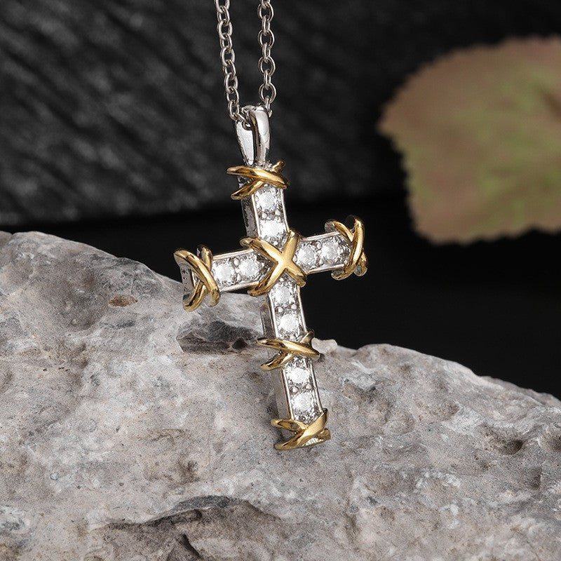 Wholesale Cross Plated Two Tone Cross Diamond Necklace ACC-NE-YunJ006