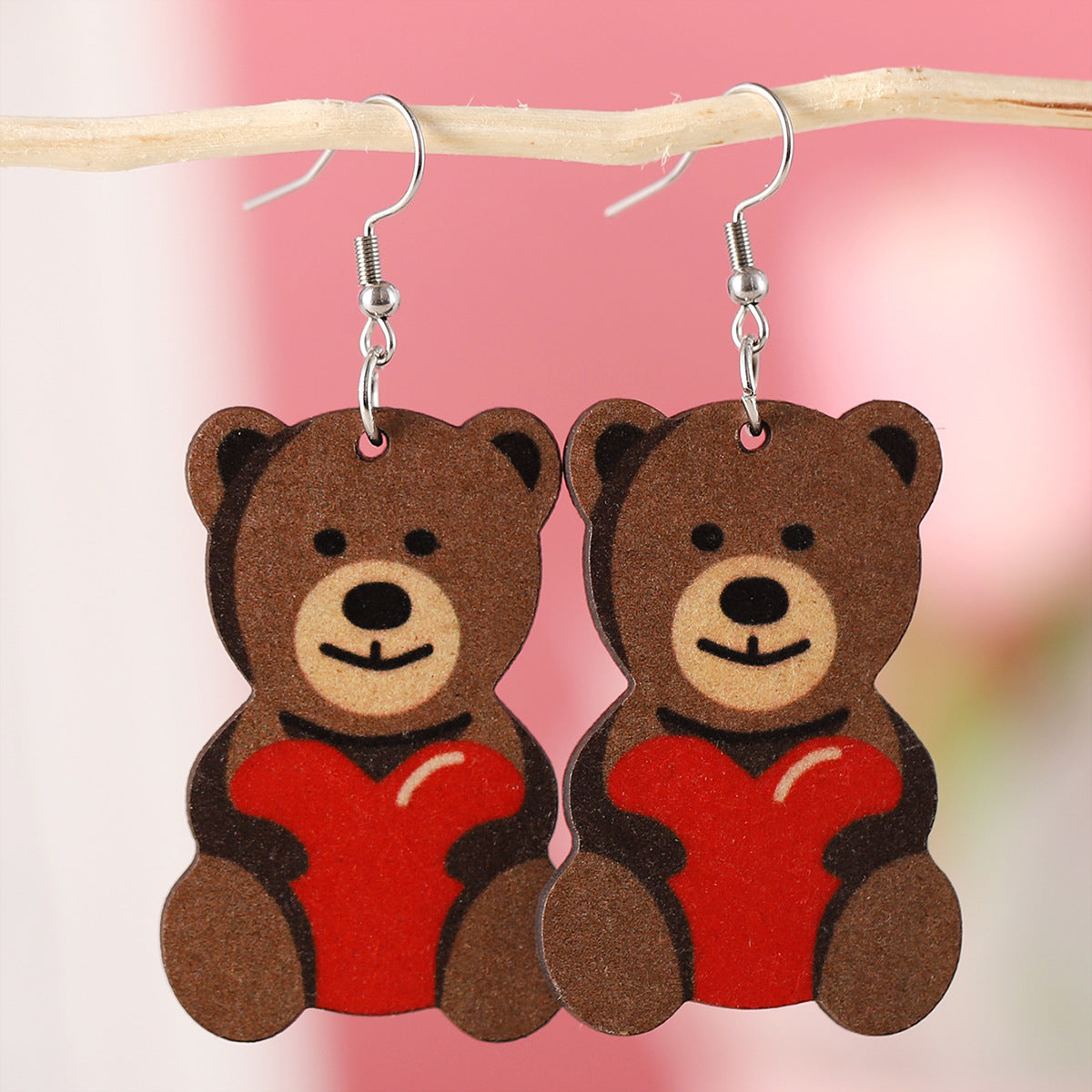 Wholesale Wooden Valentine' s Day Bear and Rose Envelope Earrings